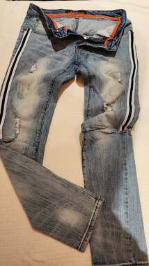 Copper Rivet Distressed Blue Jeans Mens 30x30 Side Stripe Slim Straight Denim